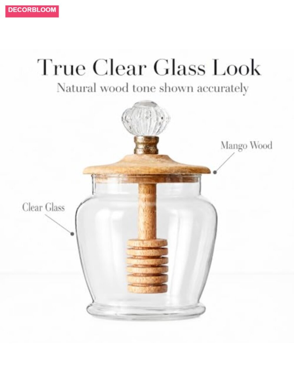 Glass Honey Jar with Mango Wood Dipper Lid - Kitchen Canning Storage - Picture 4 of 6
